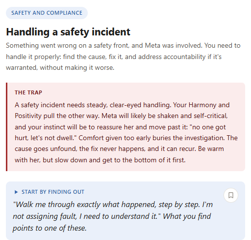 Example 1on1 Insights card: Handling a safety incident — Safety and Compliance situation