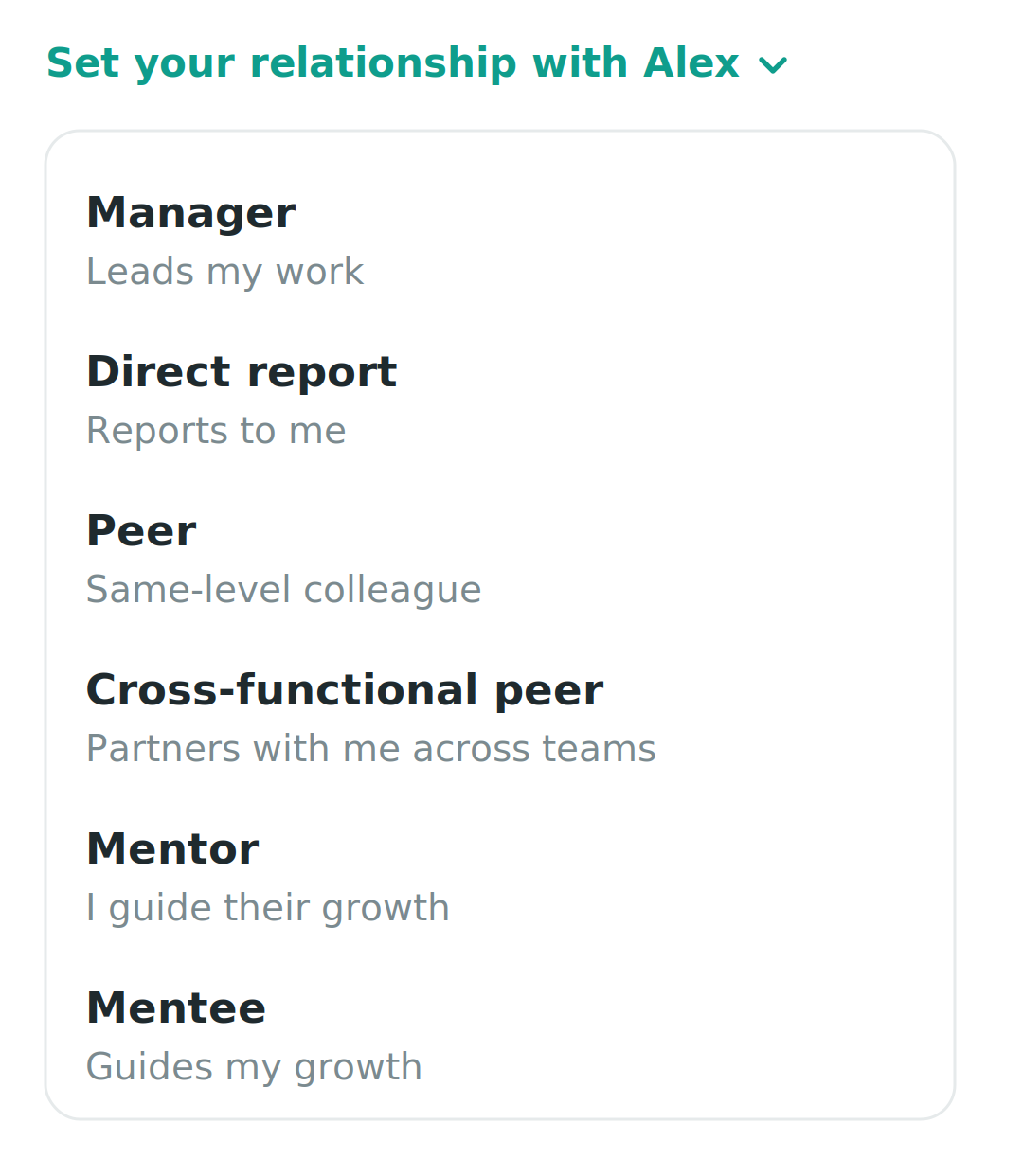 Relationship selector showing Manager, Direct report, Peer, Cross-functional peer, Mentor and Mentee options
